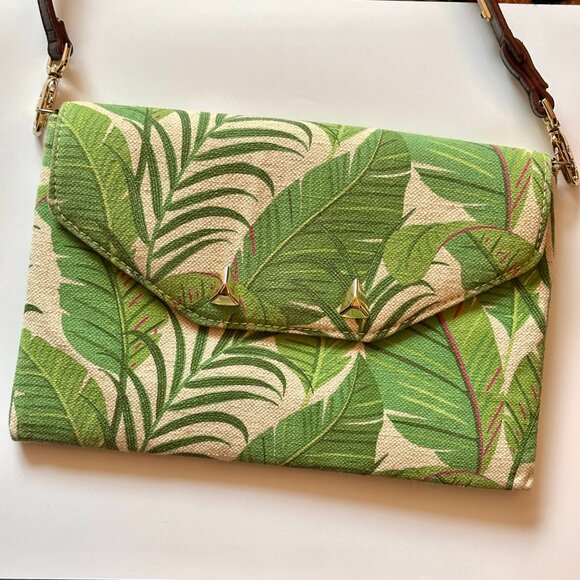 Stella And Dot Clutch Bag Purse Green Palm Leaf Jungle Print with Strap - Picture 1 of 8